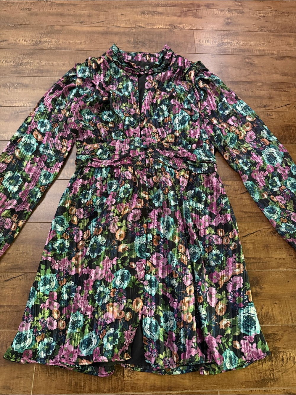 ZARA Floral Pleated Long Sleeve Dress - Black, Pink & Teal